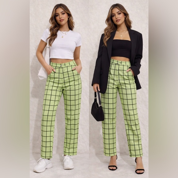 Nasty Gal Pants - Nasty Gal Lime Green Checkered Trousers NWT High Waist Straight Leg Pants